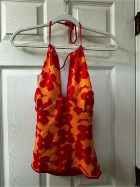 Madden NYC Red & Orange Floral Halter Top